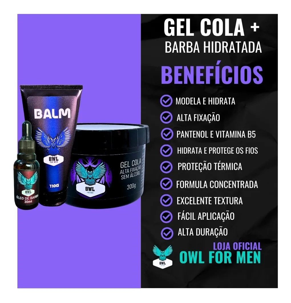 Kit Dia a Dia Owl for Men | Cabelo e Barba | Gel Cola 300g + Balm Hidratante 110g + Óleo de Barba 30ml - Imagem 10