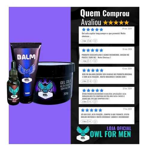 Kit Dia a Dia Owl for Men | Cabelo e Barba | Gel Cola 300g + Balm Hidratante 110g + Óleo de Barba 30ml - Imagem 9