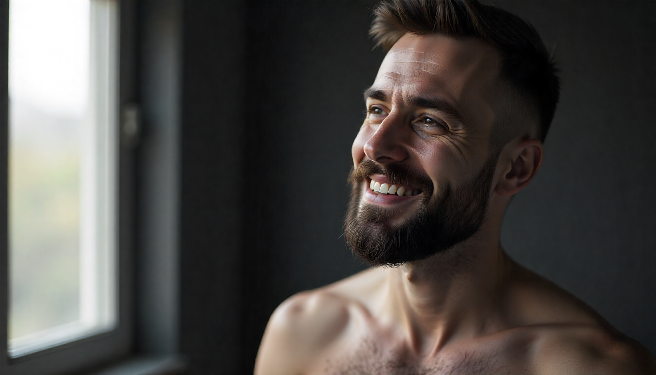 Homem moderno com barba bem cuidada aplicando balm diante do espelho, expressão confiante e relaxada, representando a rotina de cuidar da barba com produtos Owl for Men.
