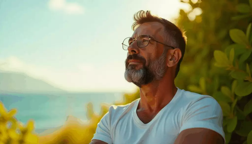 Homem adulto com barba bem cuidada curtindo o verão ao ar livre, vestindo camiseta leve e com expressão relaxada e confiante. Ambiente ensolarado com vegetação, destacando a textura saudável da barba e o estilo casual de verão.
