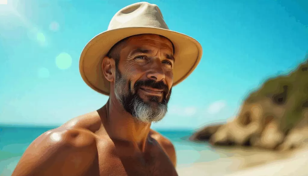 Homem adulto com barba bem cuidada usando chapéu estiloso em dia ensolarado ao ar livre, com expressão confiante e relaxada. Ambiente natural com céu azul e vegetação, transmitindo proteção contra o sol e estilo casual de verão.