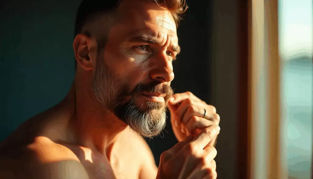 Homem adulto com barba bem cuidada aplicando óleo na barba em ambiente iluminado pela luz natural do sol, com expressão tranquila e concentrada. Imagem que destaca a hidratação dos fios e o cuidado masculino em rotina de verão.