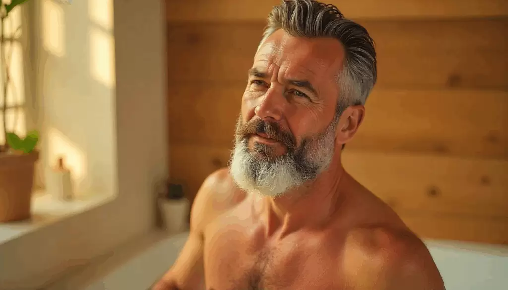 Homem adulto com barba bem cuidada lavando a barba no chuveiro, com expressão relaxada. Ambiente de banheiro moderno e iluminação natural, destacando cuidados práticos de limpeza da barba no verão.
