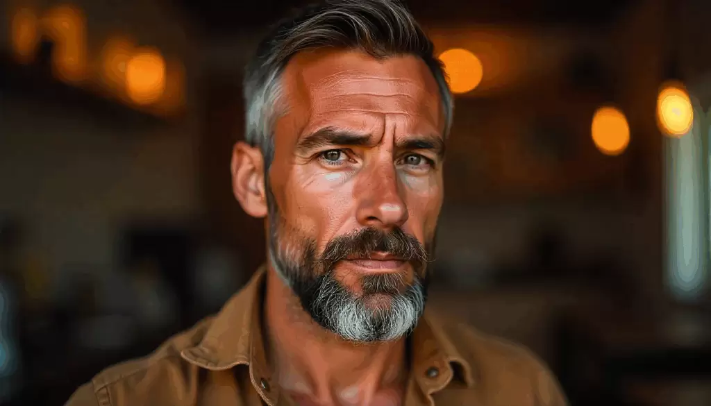 Homem adulto com barba bem cuidada aparando a barba com tesoura de precisão, expressão concentrada e ambiente iluminado naturalmente. Imagem que destaca o cuidado detalhado e a manutenção da barba.