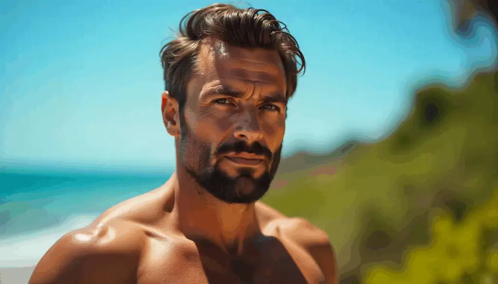 Homem adulto com barba bem cuidada penteando a barba ao ar livre em dia ensolarado, expressão confiante e relaxada. Ambiente natural com céu azul e vegetação, destacando cuidado masculino e estilo casual.