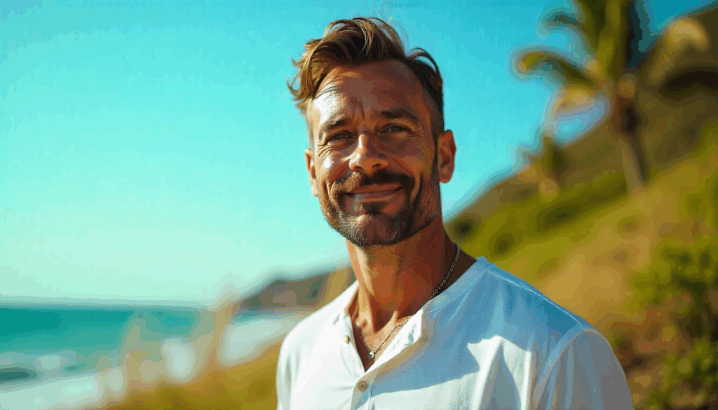 Homem adulto com barba bem cuidada ao ar livre em dia de verão ensolarado, usando camiseta leve e chapéu de palha, com expressão confiante e relaxada. Imagem realista mostrando cuidados com a barba no calor, destacando textura natural dos fios e estilo casual. Fundo com céu azul e vegetação, transmitindo frescor e conforto.