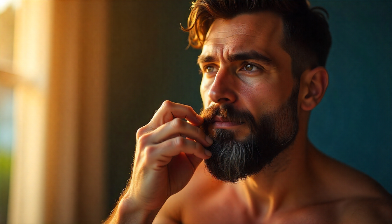 Homem moderno com barba longa aplicando cera na barba, com expressão confiante e natural. Iluminação suave destaca a textura da barba e o acabamento fosco da cera. Fundo neutro e ambiente minimalista, transmitindo cuidado e estilo masculino.