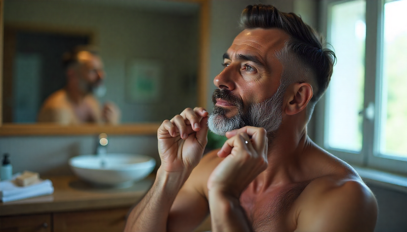 Homem adulto cuidando da barba em frente ao espelho, ajustando os fios com as mãos. Barba bem cuidada e natural, em ambiente interno com luz natural suave. Rotina de autocuidado masculino para eventos especiais.