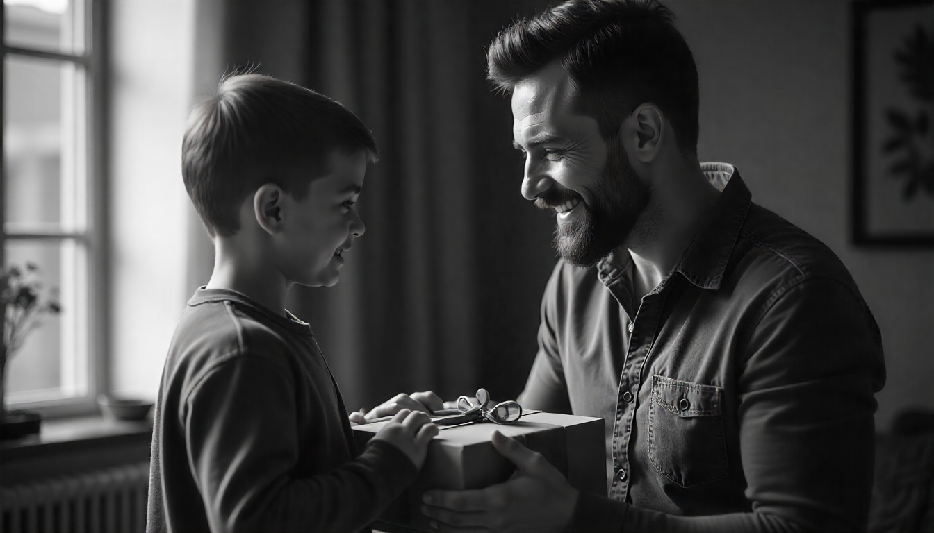 Filho abraçando pai moderno com barba bem cuidada em momento de carinho e cumplicidade no Dia dos Pais, clima elegante e afetivo inspirado pelo estilo Owl for Men