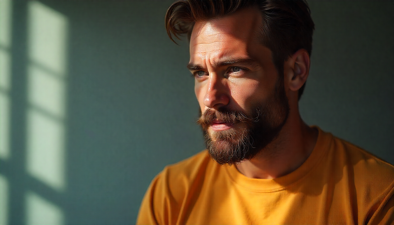 Homem moderno com barba média bem cuidada, expressão confiante e natural, segurando delicadamente um frasco de óleo para barba Owl for Men, em ambiente clean com iluminação suave que destaca a textura dos fios e saúde da pele.