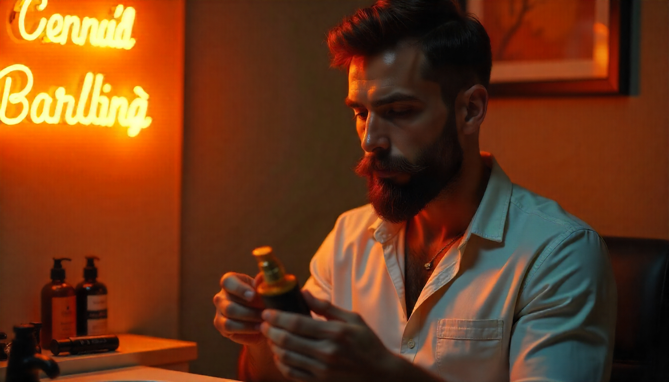Homem de barba média escolhendo entre óleo e balm para barba, visual moderno e confiante em ambiente elegante.