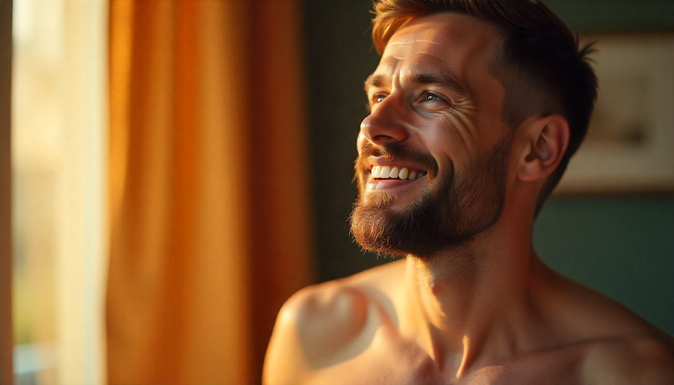 Homem moderno com barba bem cuidada olhando confiante no espelho, transmitindo cuidado e estilo com a rotina diária usando produtos Owl for Men.