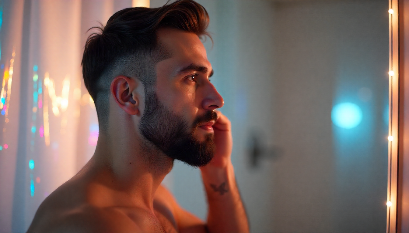Homem jovem com barba curta bem cuidada, em frente ao espelho, segurando balm para barba; produtos de cuidados masculinos sobre bancada de madeira, transmitindo rotina prática e estilo sofisticado.