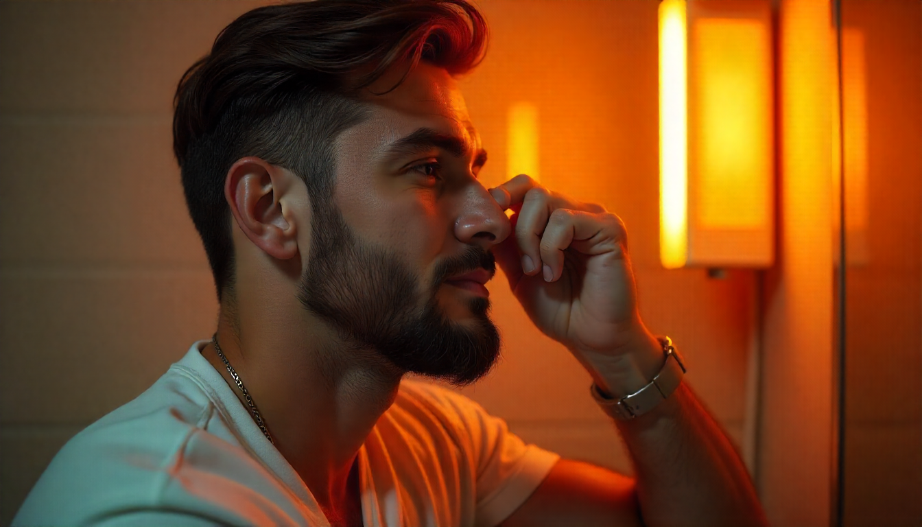 Homem moderno com barba bem cuidada aplicando balm no espelho; expressão confiante; representa rotina de cuidar da barba com produtos especiais.