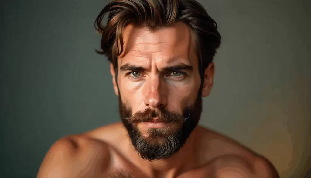 Homem moderno modelando a barba em frente ao espelho, expressão confiante e relaxada; fios com volume equilibrado, brilho saudável e aparência natural, ilustrando a experiência de cuidar da barba com estilo.