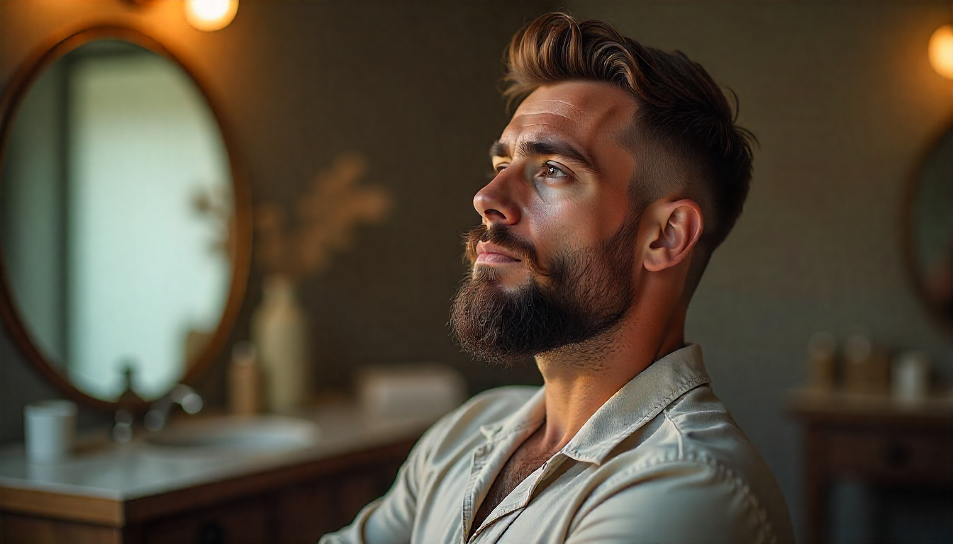 Homem moderno com barba bem cuidada aplicando balm ou cera em frente ao espelho; expressão confiante, fios alinhados e aspecto natural, ilustrando dicas de como cuidar da barba com volume, definição e toque suave.