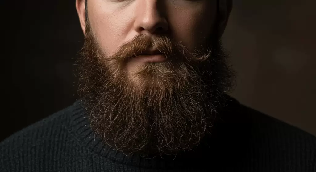 Homem com rosto redondo usando barba longa bem modelada, linhas verticais e laterais definidas, cabelo com degradê e topete médio, textura dos fios realçada por iluminação suave — estilo e cuidados masculinos Owl for Men.