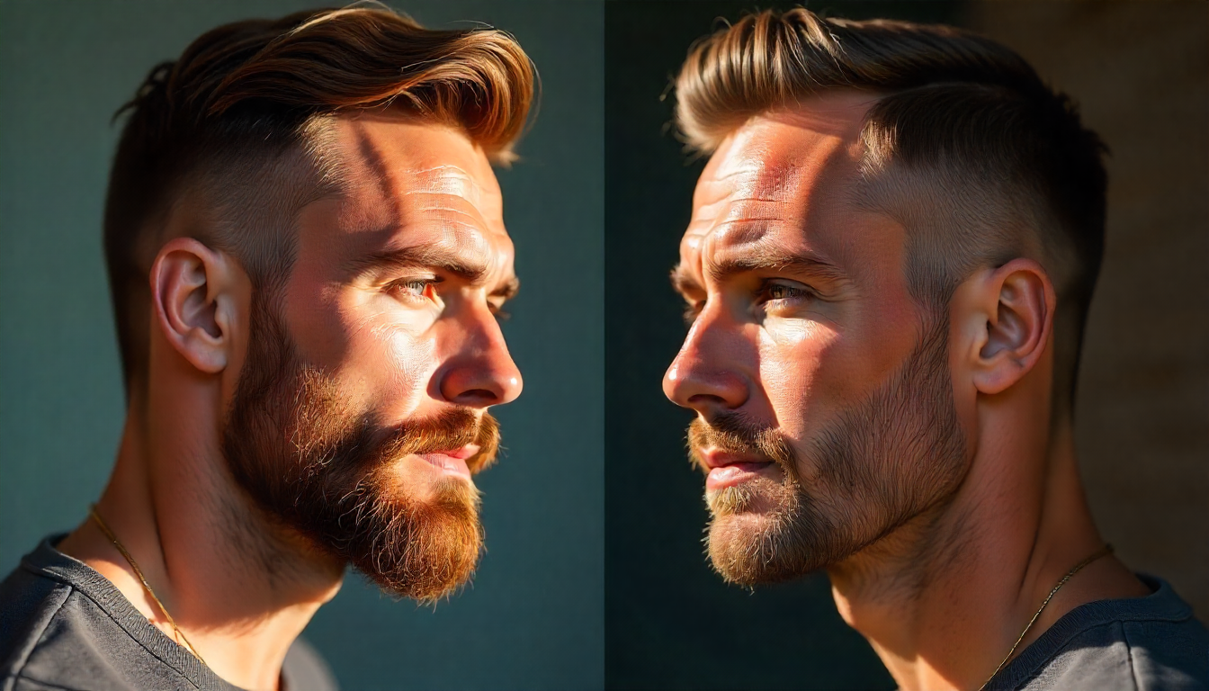 Comparação lado a lado de um homem com rosto redondo: à esquerda, barba longa mal aparada e cabelo desalinhado; à direita, barba bem modelada e hidratada com produtos Owl for Men, cabelo em degradê lateral e topete médio, visual masculino moderno e equilibrado.