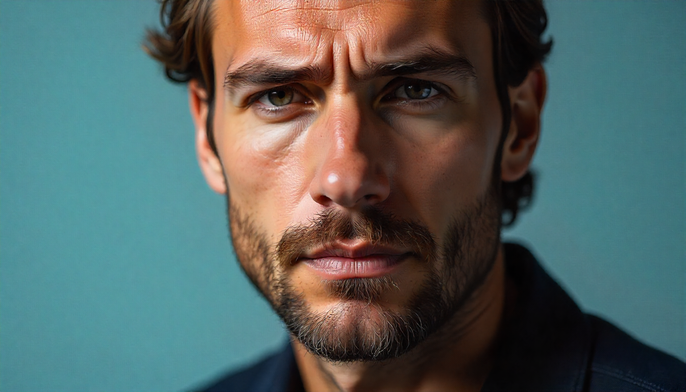 Homem com rosto quadrado exibindo barba bem delineada e aparada, com ângulos suavizados e maxilar destacado, mostrando estilo moderno e elegante para cuidados com a barba masculina.