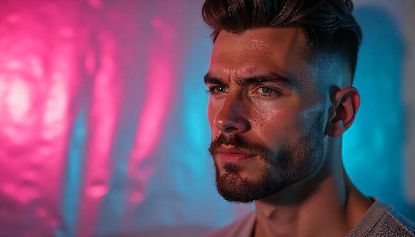 Homem com rosto redondo e barba bem cuidada no estilo âncora, usando penteado undercut e sobrancelhas alinhadas. Visual moderno e confiante, representando cuidados masculinos com a barba para valorizar o formato do rosto.