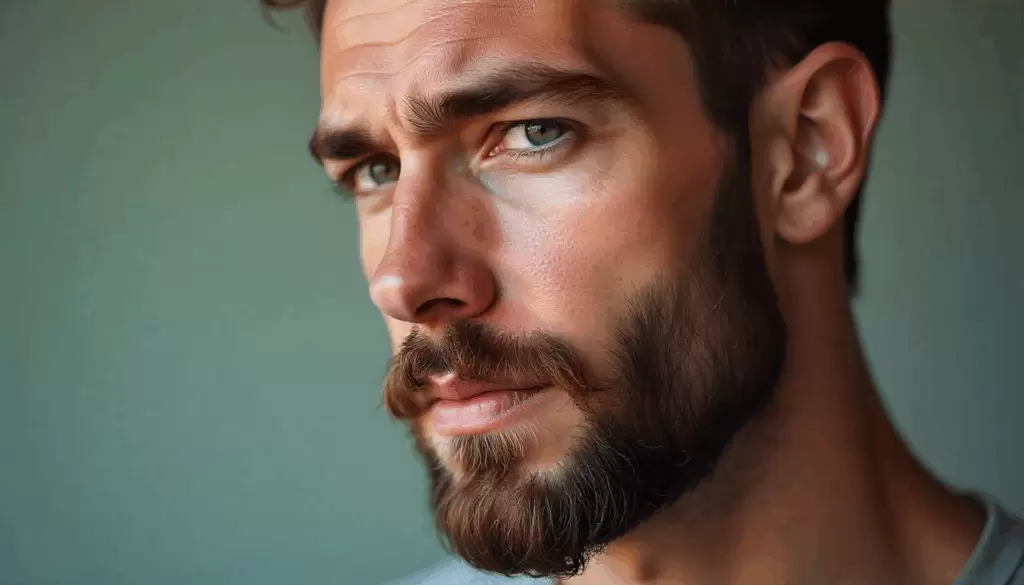 Homem com rosto quadrado e barba bem aparada, laterais curtas, queixo em destaque e bigode alinhado, mostrando estilo masculino, elegância e cuidados com a barba, ideal para guia de aparar barba em rosto quadrado.
