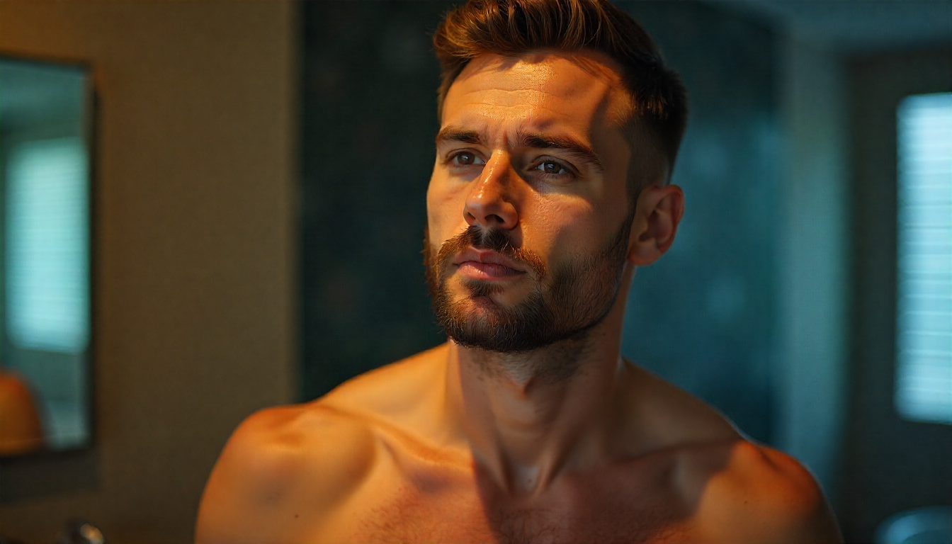 Homem com barba bem cuidada aplicando óleo para barba em frente ao espelho, em ambiente elegante com produtos de cuidados masculinos ao fundo, transmitindo uma rotina diária de higiene, hidratação e finalização para barba alinhada e saudável.
