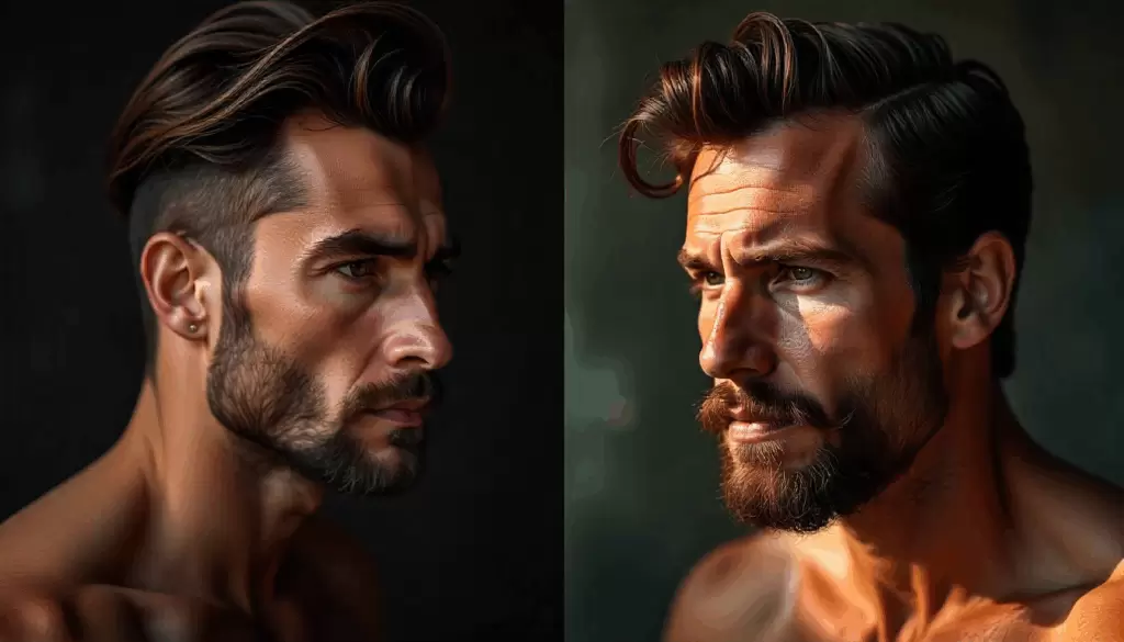 Comparação antes e depois da barba — à esquerda, laterais muito rentes que afinam o rosto; à direita, laterais equilibradas e volumosas que criam proporção harmoniosa."