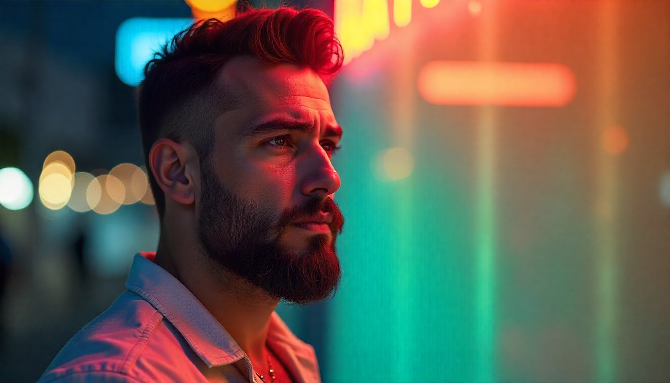 Homem com barba modelada para rosto redondo, estilo moderno e masculino, pele bem cuidada e expressão confiante, fundo desfocado em tons quentes — cuidados com a barba