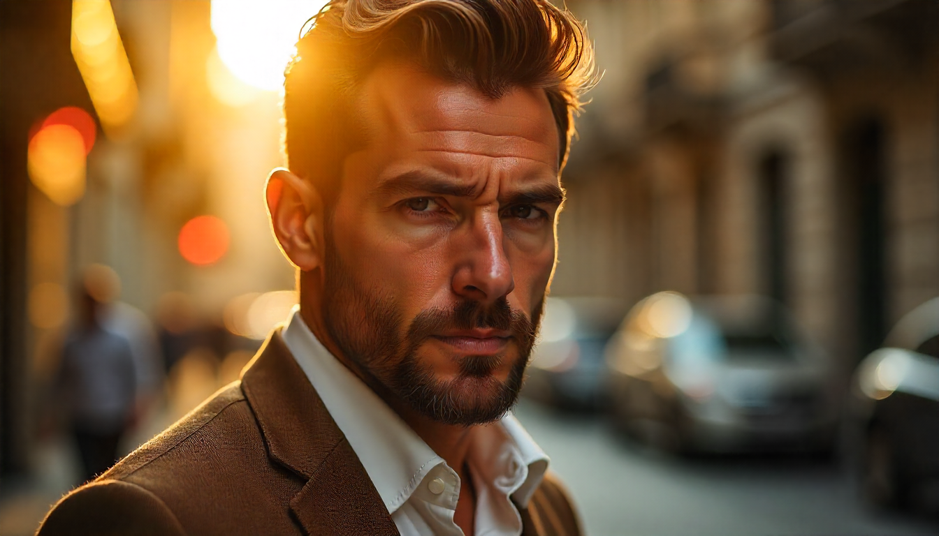 Homem moderno com barba estilo Van Dyke, bigode marcante e barba no queixo, usando terno elegante, em cenário urbano sofisticado, com expressão confiante e luz suave.