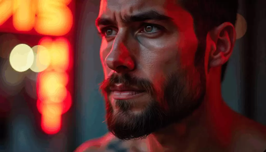 Close-up de homem com rosto quadrado e barba bem desenhada, mostrando textura dos fios, contornos definidos do maxilar, barba alinhada e hidratada, pele saudável, expressão confiante e sofisticada.