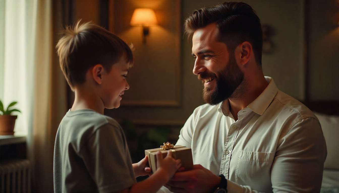 Filho adulto entrega ao pai moderno com barba bem cuidada um Kit de Cuidados Masculinos Owl for Men. O pai sorri emocionado ao receber o presente em um ambiente elegante, com iluminação suave e tons neutros. Imagem transmite carinho, autocuidado e o espírito do Dia dos Pais.