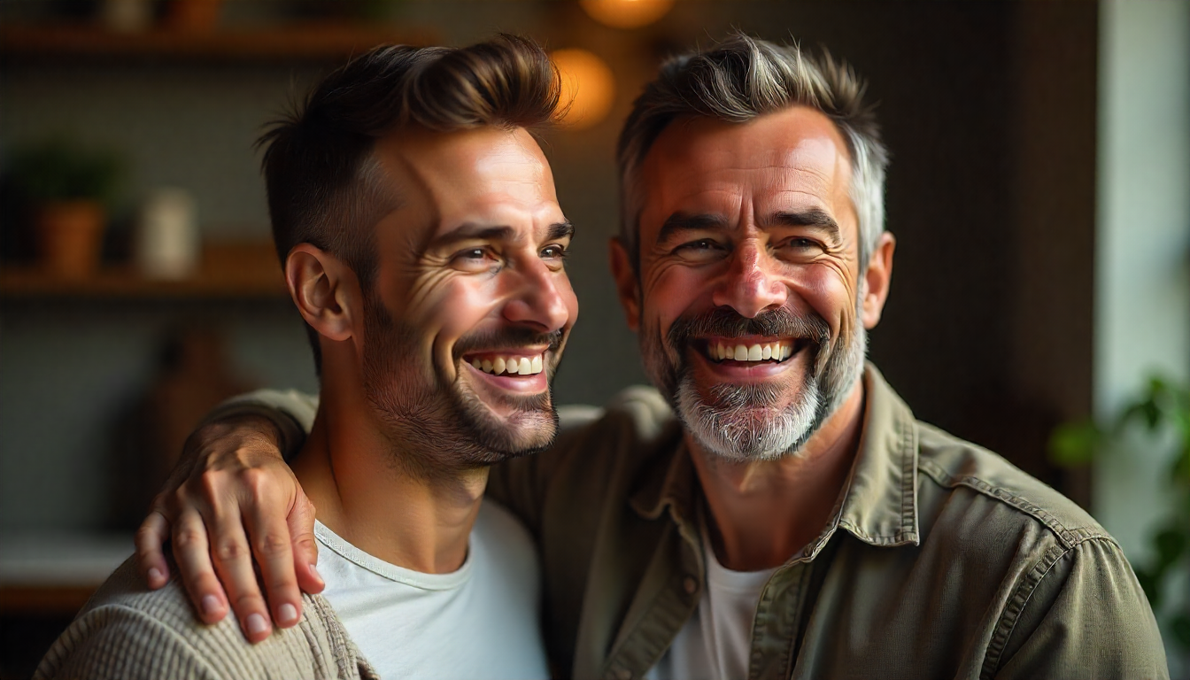 “Pai com barba bem cuidada sorrindo e abraçando o filho, em clima de carinho e autocuidado. Imagem transmite conexão familiar e valorização do cuidado masculino.”