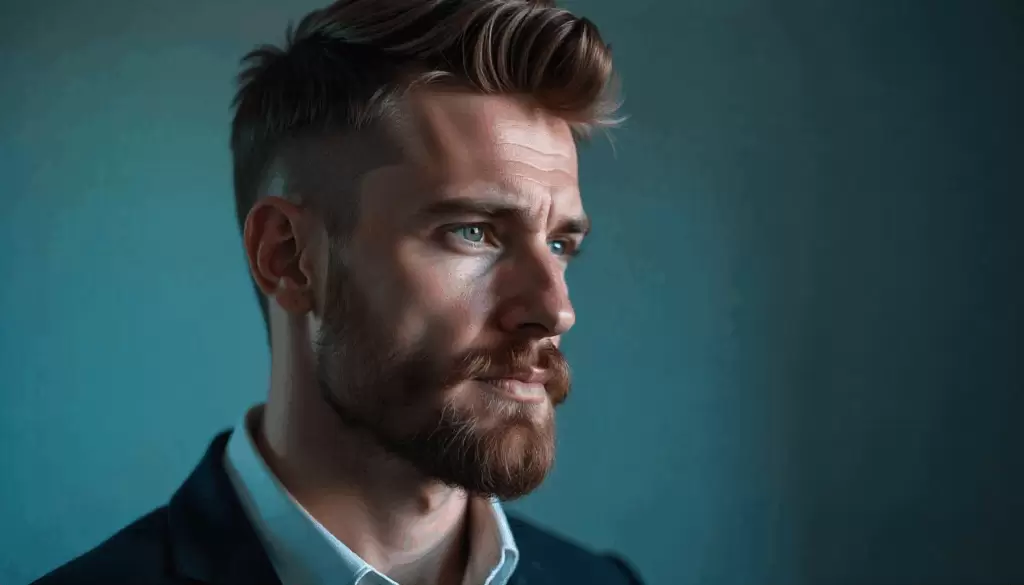 Homem com rosto quadrado e barba cheia bem aparada, evidenciando o maxilar, com visual moderno e elegante, representando cuidados masculinos com a barba e grooming diário.