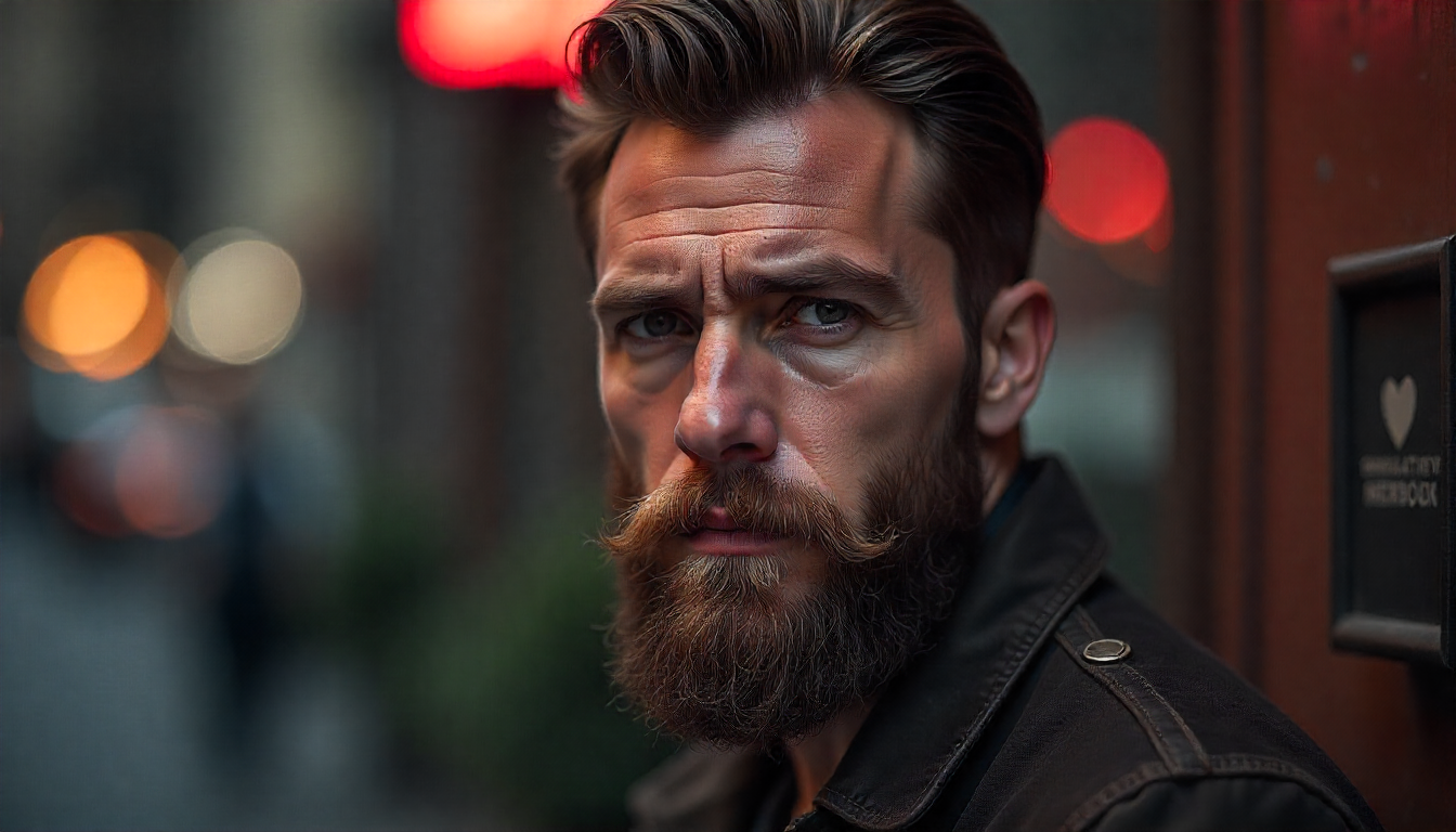 Homem com rosto redondo, entradas no cabelo e barba bem modelada, transmitindo equilíbrio e estilo elegante.