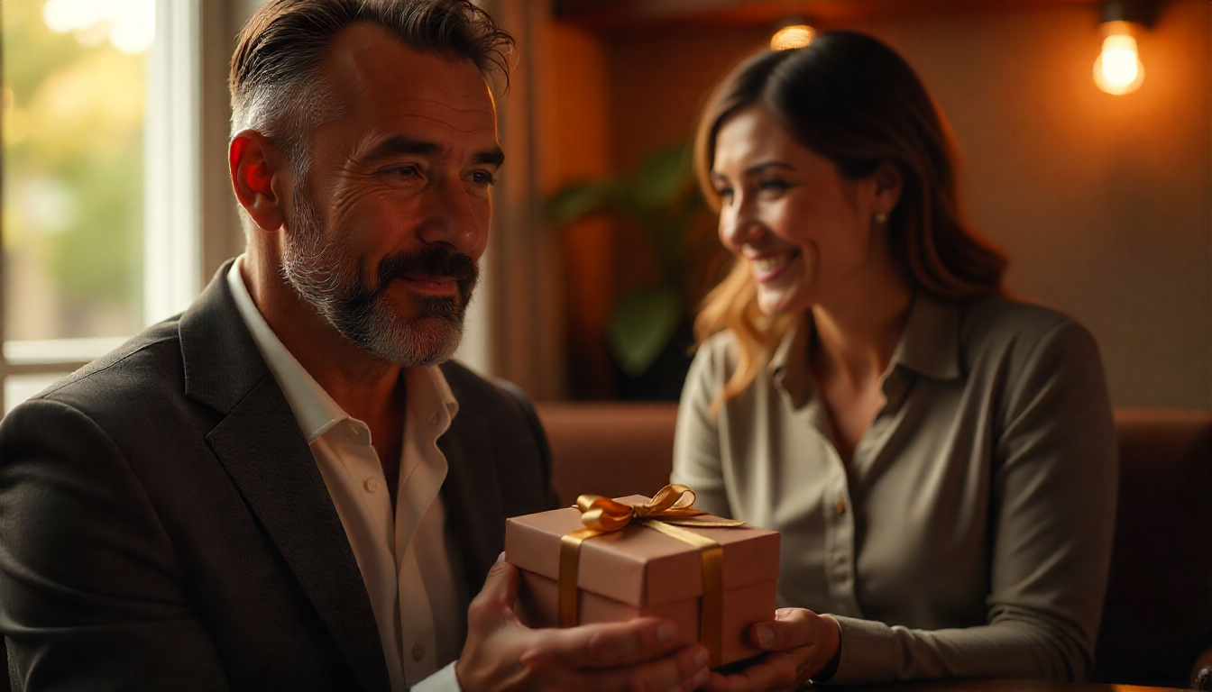 Pai maduro de barba grisalha sorrindo ao receber presente da Owl for Men em embalagem elegante, com a família ao fundo e luz natural suave ao entardecer. Cena transmite afeto, cuidado e sofisticação no Dia dos Pais.