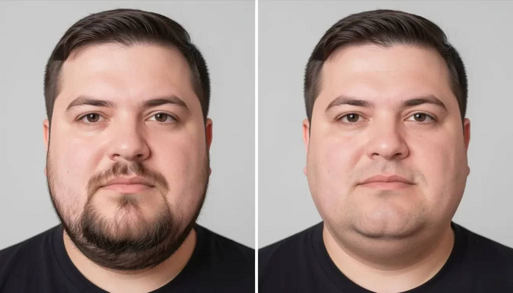 Comparação antes e depois: rosto redondo com barba mal aparada versus barba bem definida que disfarça a papada