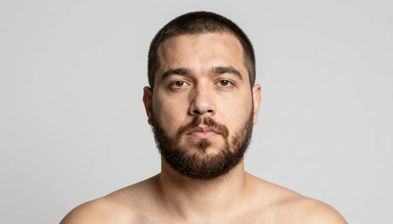 Homem com rosto redondo e barba bem definida, com laterais mais curtas e volume no queixo, técnica que ajuda a disfarçar a papada e valorizar o maxilar.