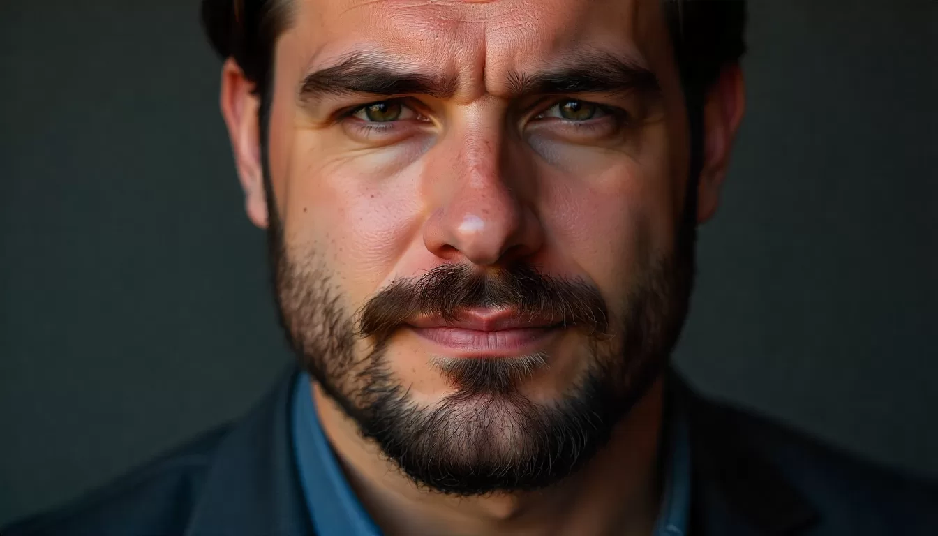 Homem plus size com barba bem desenhada, contorno do maxilar e pescoço visíveis, sorrindo levemente, demonstrando cuidados com a barba para disfarçar a papada, em fundo neutro elegante.
