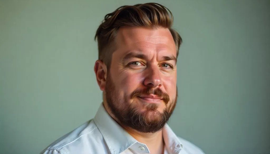 “Homem plus size com barba bem desenhada e contorno definido do maxilar, mostrando como cuidar da barba para disfarçar a papada e valorizar o rosto