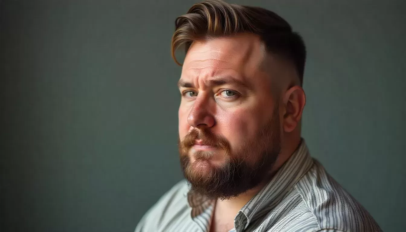 “Homem plus size com barba bem desenhada e contorno definido do maxilar, mostrando como cuidar da barba para disfarçar a papada e valorizar o rosto