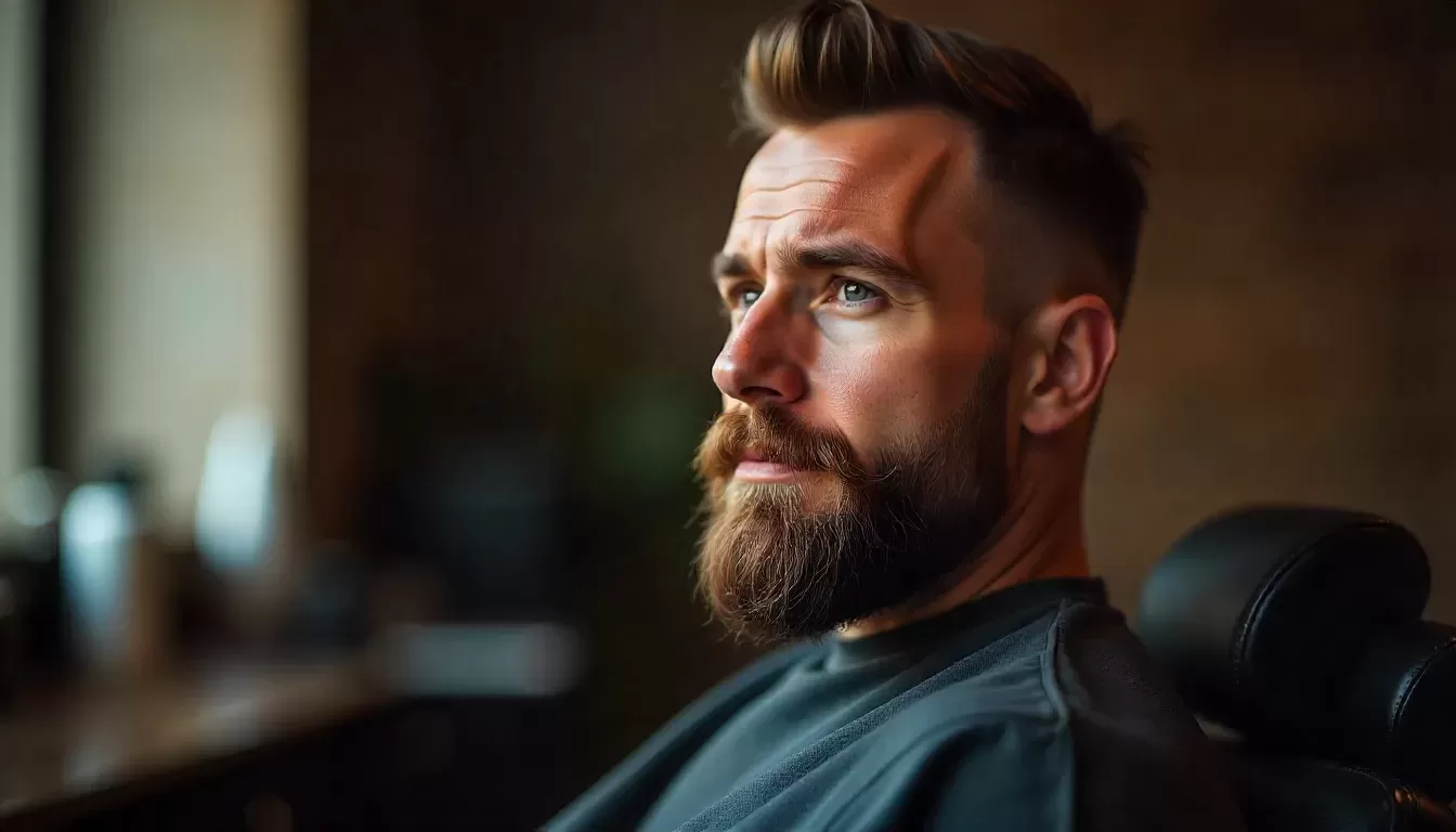 Homem com rosto oval exibindo barba bem cuidada e contornos definidos, em barbearia moderna com iluminação quente, representando estilos de barba que valorizam o formato do rosto e dicas de grooming masculino.