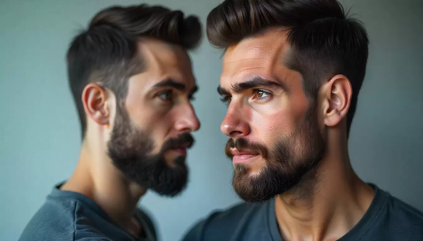 Homem com rosto quadrado mostrando antes e depois de cuidar da barba, com contorno definido, laterais aparadas e queixo levemente alongado
