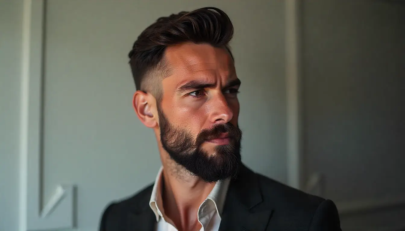 Homem com rosto oval exibindo barba média bem cuidada, alinhada e estilizada, expressão confiante, cabelo levemente texturizado, luz suave destacando contornos do rosto, estilo editorial masculino premium, transmitindo cuidado e grooming diário