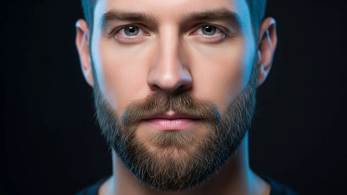 Homem com rosto oval exibindo barba curta bem alinhada em estúdio escuro, representando estilo minimalista e cuidados com a barba.