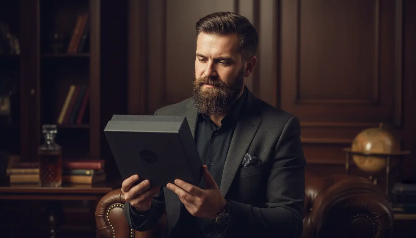 Homem elegante com barba bem cuidada em ambiente masculino sofisticado, representando a escolha de um presente premium para quem valoriza cuidar da barba e o autocuidado masculino