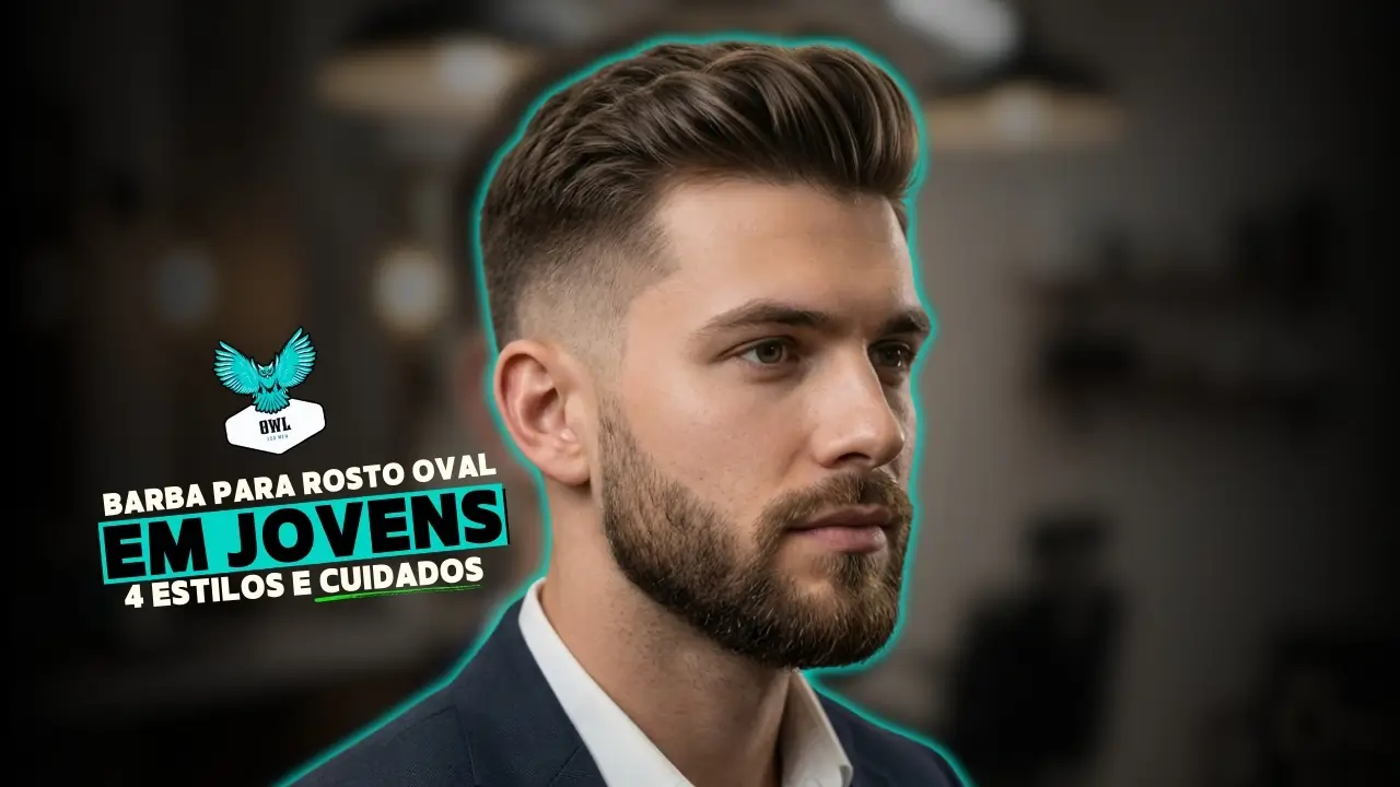 Homem jovem com rosto oval e barba bem cuidada, visual moderno, barba alinhada e estética premium de cuidados masculinos
