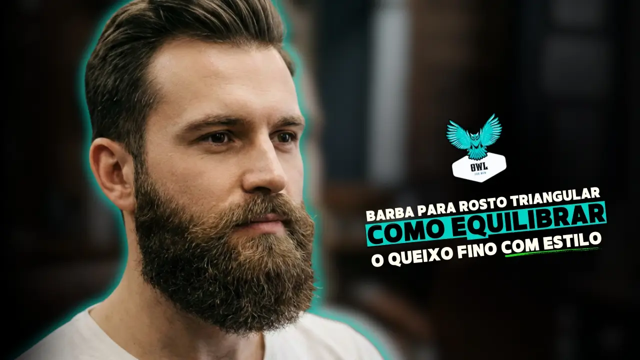 Homem com rosto triangular e barba bem desenhada no maxilar, exemplo de como cuidar da barba para equilibrar o queixo fino.