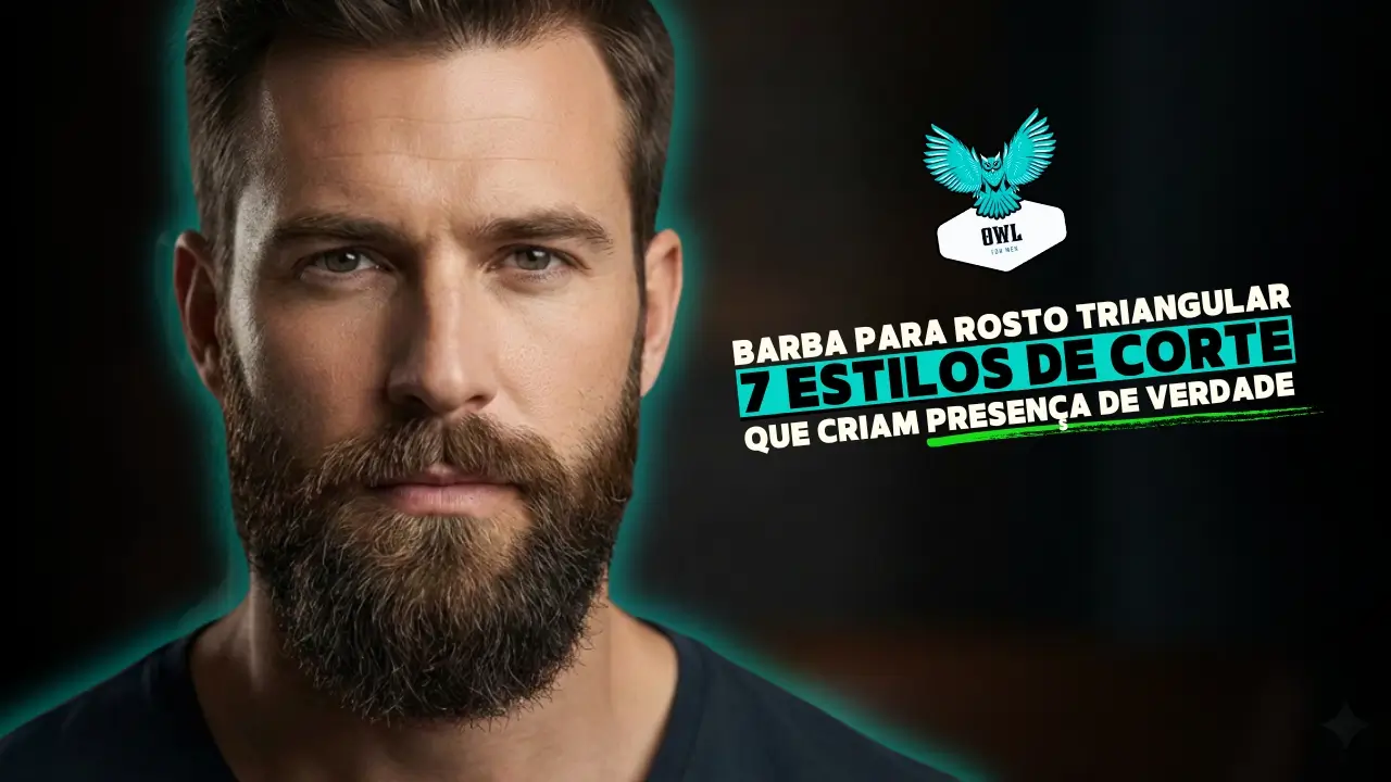 Homem com rosto triangular e barba média bem desenhada, com volume no maxilar e laterais, representando cortes ideais de barba para equilibrar o rosto triangular