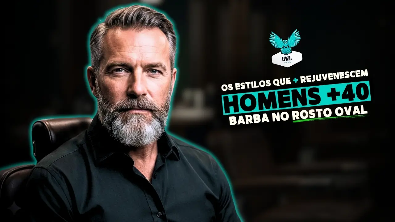 Homem maduro de rosto oval com barba bem cuidada e estilo elegante, representando cuidados com a barba