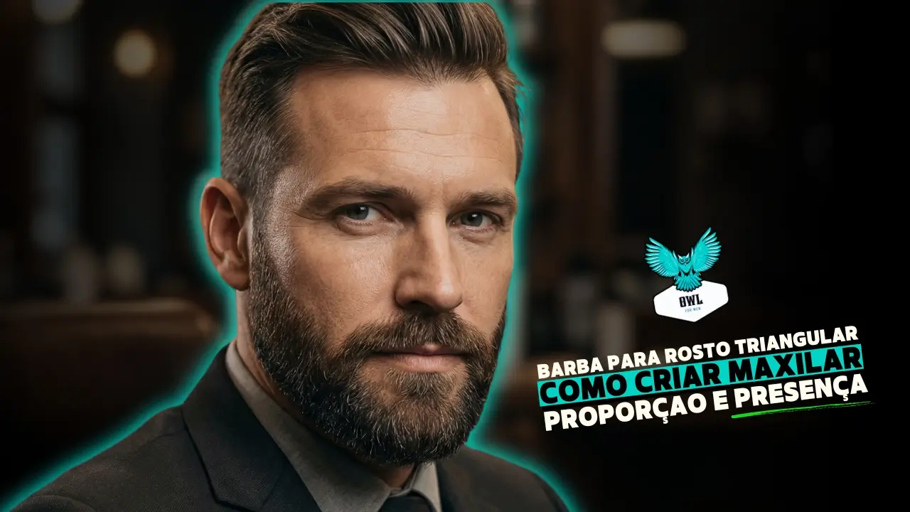 Homem com rosto triangular e barba curta a média, laterais cheias e base reta, estilo ideal para cuidar da barba e criar maxilar mais forte